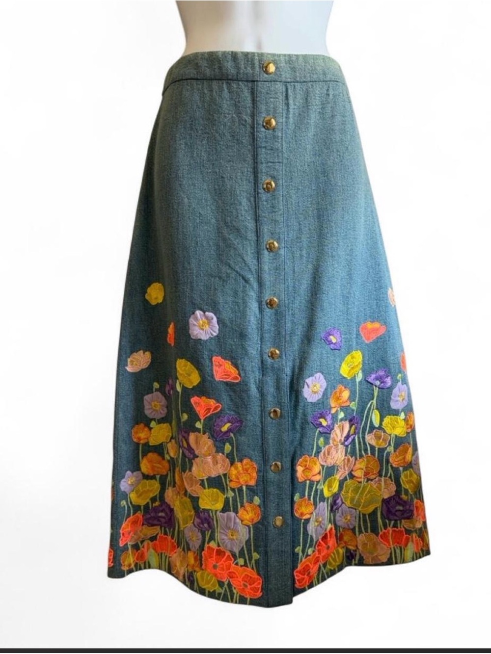 Alice + Olivia Black Denim A-Line Skirt with Multicolor Floral Embroidery - Picture 5 of 10